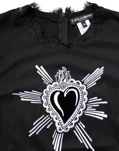 Dolce & Gabbana Black Sacred Heart Print Cotton Lace T-shirt In Black