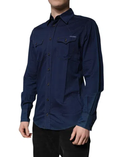 Pre-owned Dolce & Gabbana Dark Blue Cotton Gold Dress Formal Men's Shirt ()