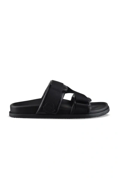 Moncler Black Leather And Fabric Sandals In Animal Print