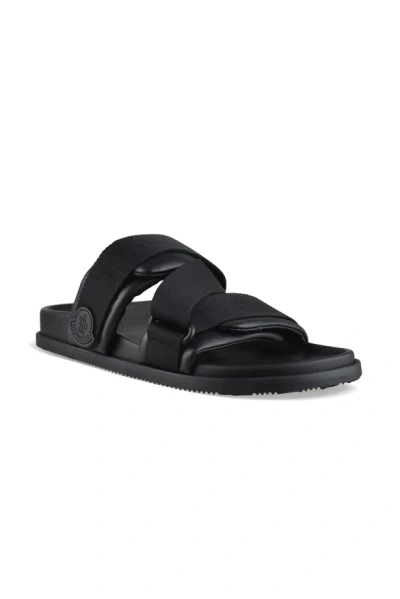 Moncler Black Leather And Fabric Sandals In Animal Print