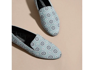 Shop Burberry Pyjama Print Silk Cotton Loafers In Pale Stone Blue
