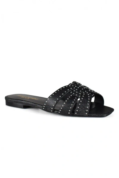 Saint Laurent Tribute Studded Flat Leather Sandals In Black
