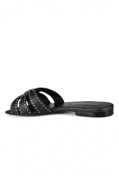 Saint Laurent Tribute Studded Flat Leather Sandals In Black