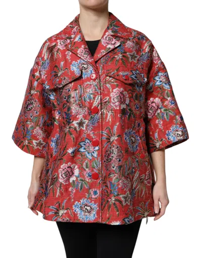 Dolce & Gabbana Red Floral Jacquard Button Down Coat Jacket In Red