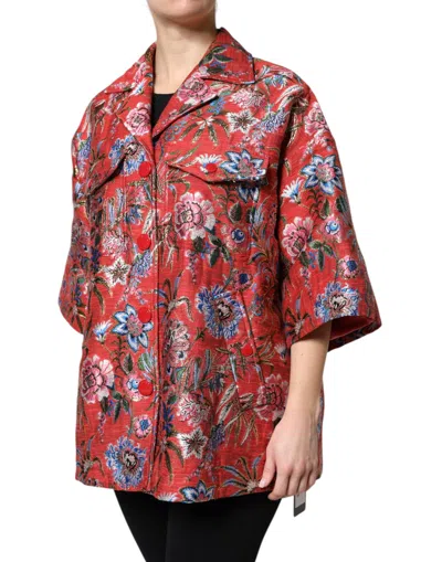 Dolce & Gabbana Red Floral Jacquard Button Down Coat Jacket In Red
