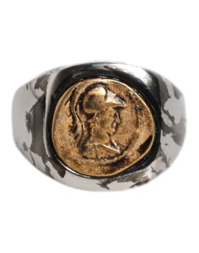 Pre-owned Dolce & Gabbana Silver Tone Engraved Two Color Real Brass Men's Ring ()