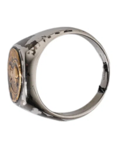 Pre-owned Dolce & Gabbana Silver Tone Engraved Two Color Real Brass Men's Ring ()