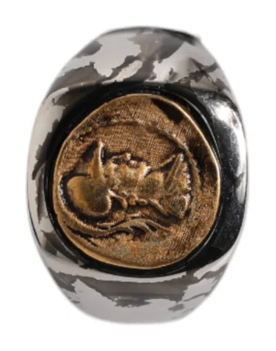 Pre-owned Dolce & Gabbana Silver Tone Engraved Two Color Real Brass Men's Ring ()