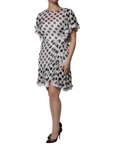 Dolce & Gabbana White Polka Dotted Silk Blend A-line Women's Dress