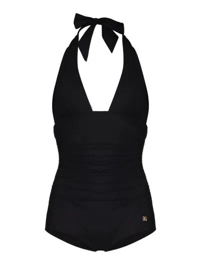 Dolce & Gabbana Black Gathered One-piece Swimsuit With Logo Patch In Stretch Polyamide Woman