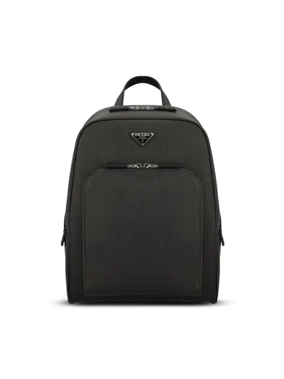 Prada Mens Black Logo-plaque Saffiano-leather Backpack In Black