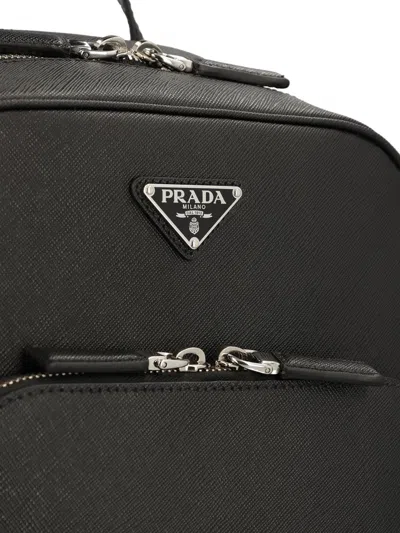 Prada Mens Black Logo-plaque Saffiano-leather Backpack In Black