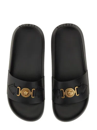 Versace La Medusa Embellished Leather Slides