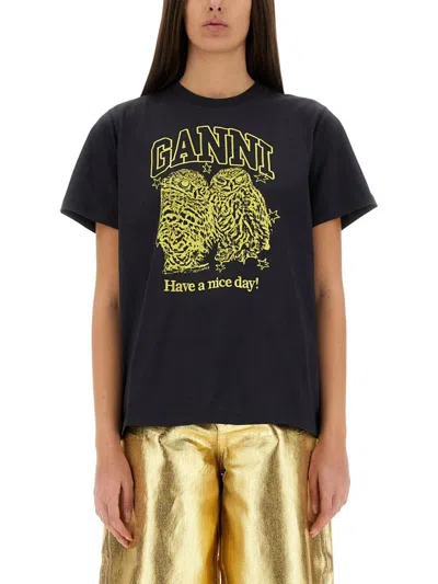 Ganni Basic Jersey Owls Relaxed T-shirt T-shirts Black