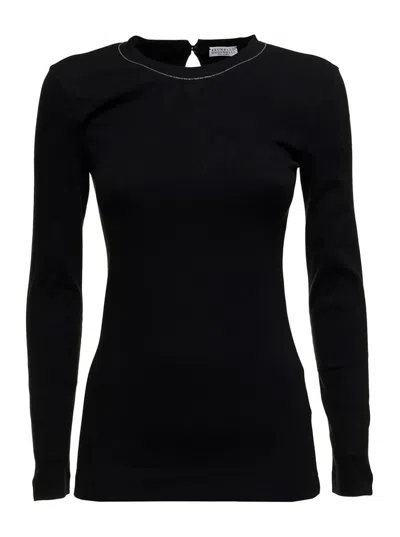 Brunello Cucinelli Womans Long-sleeved Black Cotton T-shirt With Monile Crew Neck In Black