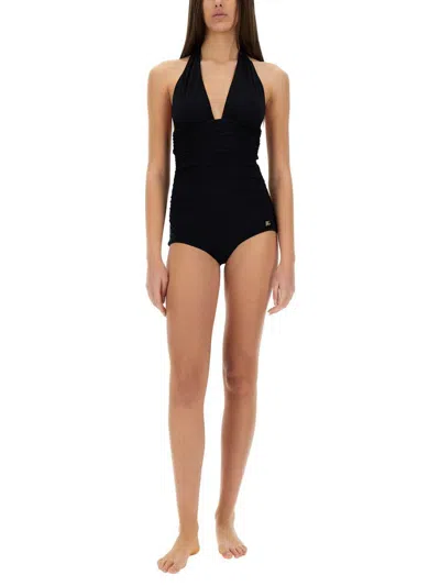 Dolce & Gabbana Black Gathered One-piece Swimsuit With Logo Patch In Stretch Polyamide Woman