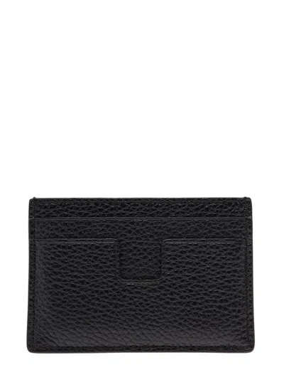 Tom Ford Black T Line Card-holder With Gold-colored Embossed Logo In Grainy Leather Man In Black