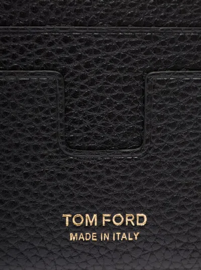 Tom Ford Black T Line Card-holder With Gold-colored Embossed Logo In Grainy Leather Man In Black