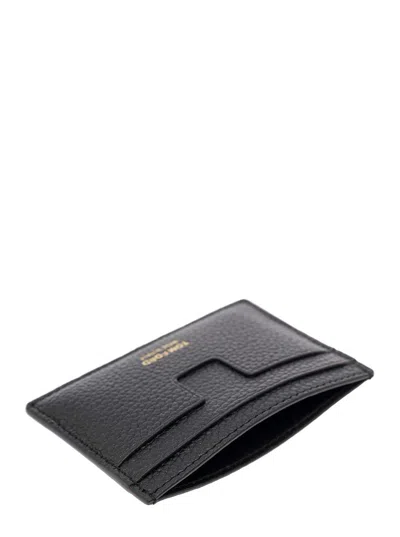Tom Ford Black T Line Card-holder With Gold-colored Embossed Logo In Grainy Leather Man In Black