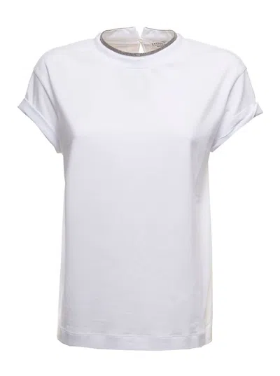 Brunello Cucinelli Womans White Cotton T-shirt With Monile Crew Neck In Blue