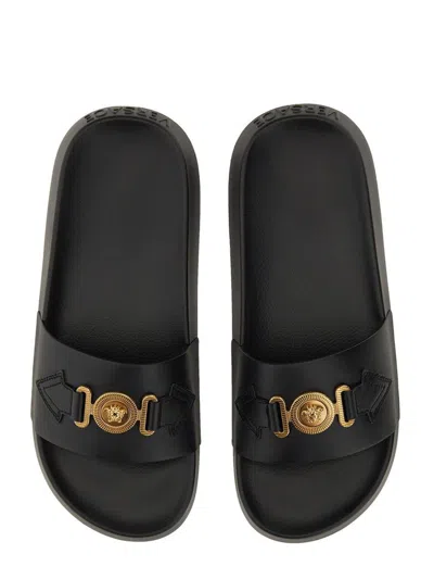 Versace La Medusa Embellished Leather Slides