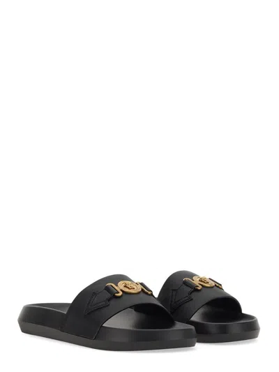 Versace La Medusa Embellished Leather Slides