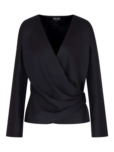 Giorgio Armani Silk Satin Draped V-neckline Waist Long Sleeves