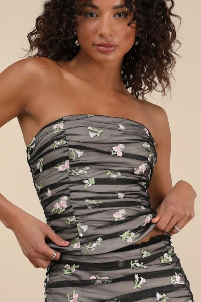 Lulus Terese Black Mesh Floral Embroidered Ruched Top In Animal Print