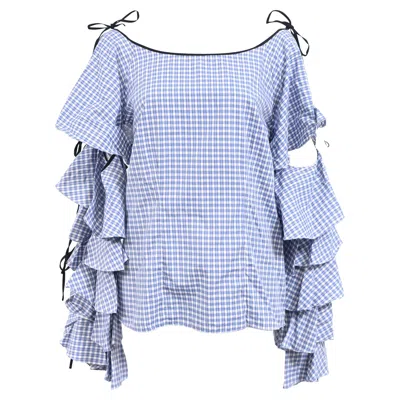 Caroline Constas Amelie Gingham Ruffle Sleeve Top In Light Blue Cotton
