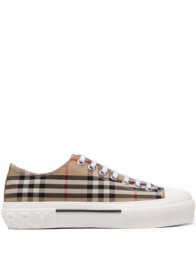 Burberry Beige Cotton Sneakers With Casual-chic Check Pattern