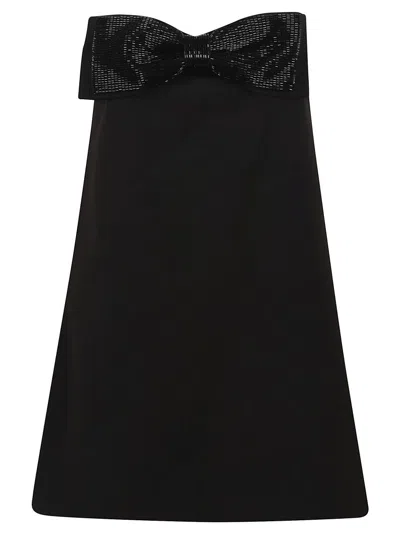 Self-portrait Black Sleeveless Mini Dress With Bandeau And Beaded Oversize Bow In Tech Fabric Woman