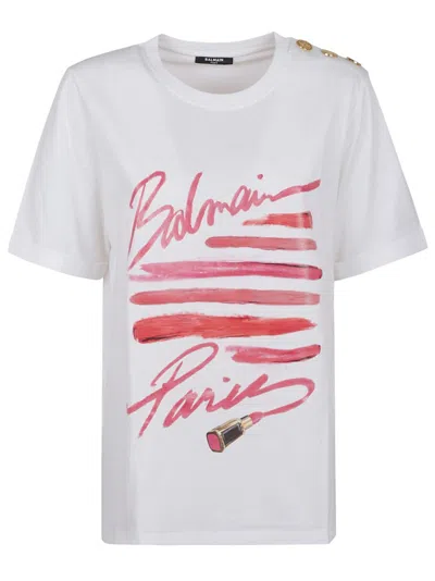 Balmain Cotton Jersey Crewneck T-shirt With Lipstick Print In White