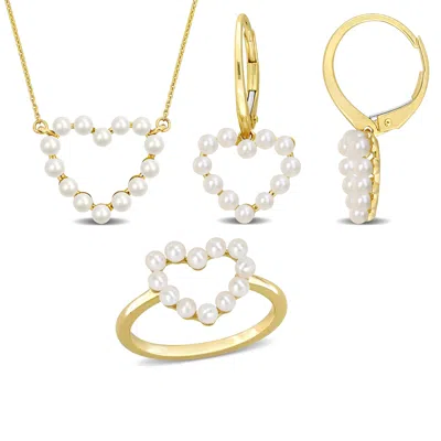 Mimi & Max Cultured Freshwater Pearl Jewelry Set Heart Necklace Earrings Ring 14k Yellow Gold