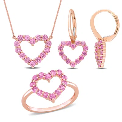 Mimi & Max 3 1/5ct Tgw Pink Sapphire Jewelry Set Heart Necklace Earrings Ring 10k Rose Gold