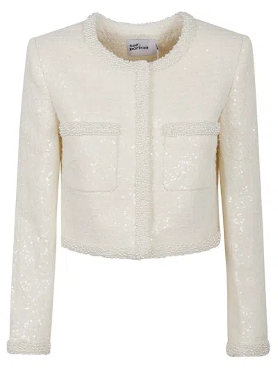 Self-portrait White Crewneck Jacket With Sequin And Faux-pearls Embellishments