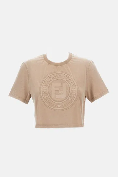 Fendi Beige Washed-out Cropped T-shirt With Logo In Neutral