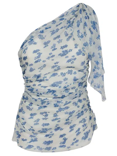 Victoria Beckham Asymmetric Draped Floral Ruched Sleeve Top