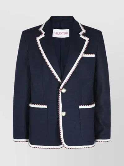 Valentino Single-breasted Jersey Cotton Jacket With Torchon Piping In Blue