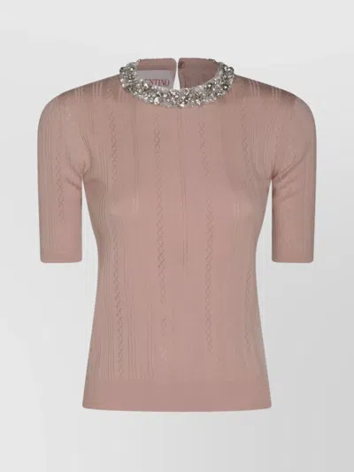Valentino Crewneck Knitwear Embellished Keyhole Back In Pink