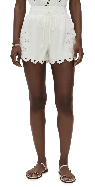 Farm Rio Flowers Richelieu Scalloped Broderie Anglaise Linen Shorts In White