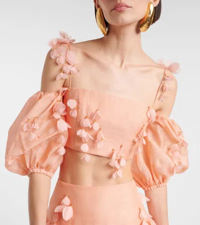 Zimmermann Dawning Linen And Silk Crop Top In Orange