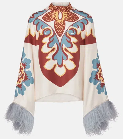 La Doublej Make An Exit Feather-trimmed Silk Top In White