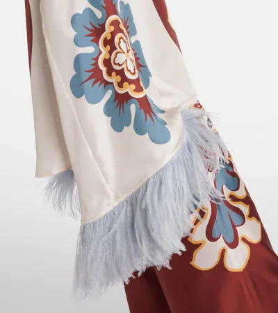 La Doublej Make An Exit Feather-trimmed Silk Top In White