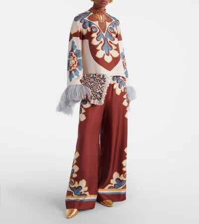 La Doublej Make An Exit Feather-trimmed Silk Top In White