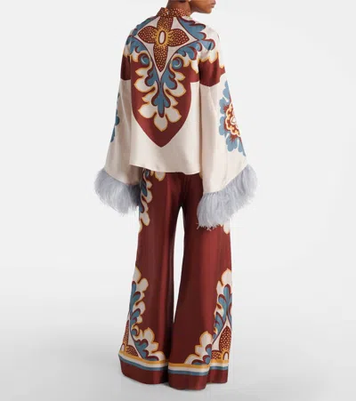 La Doublej Make An Exit Feather-trimmed Silk Top In White