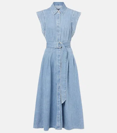 Veronica Beard Ruben Pintuck Waist Sleeveless Denim Dress In Pebble Stone