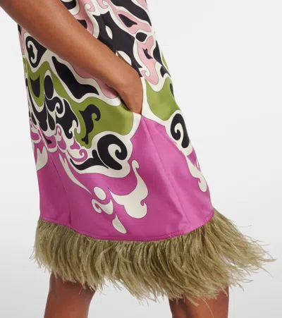 La Doublej Mini Swing Feather-trimmed Silk Minidress In Multi
