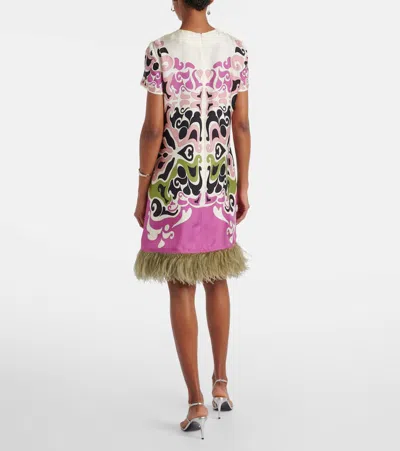 La Doublej Mini Swing Feather-trimmed Silk Minidress In Multi