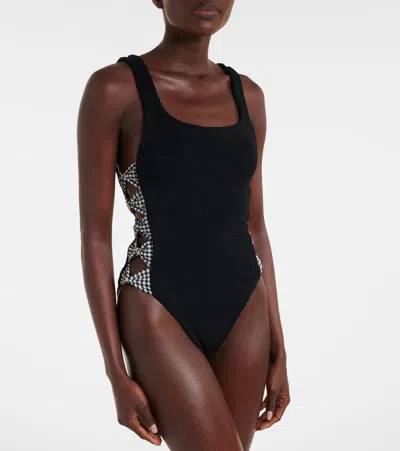 Hunza G Tiffany Cutout Gingham-trimmed Seersucker Swimsuit In Multi