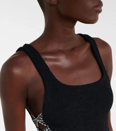 Hunza G Tiffany Cutout Gingham-trimmed Seersucker Swimsuit In Multi